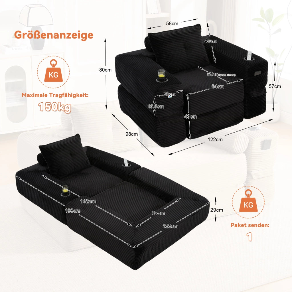 Divano letto 122x98x80 cm pieghevole in velluto a coste nero