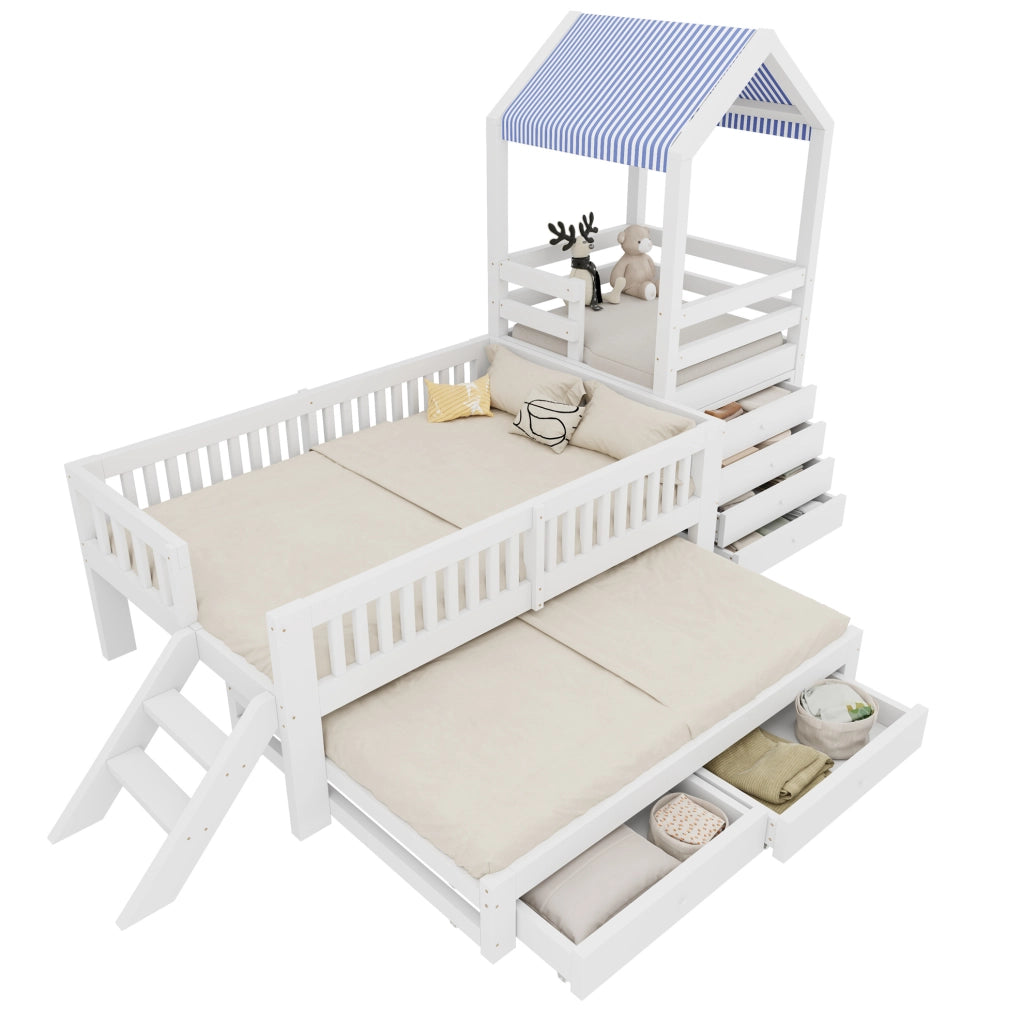 Letto per bambini a soppalco 90x200 cm con lettino estraibile 90x190 cm, struttura in legno massello bianco con scaletta laterale e cassettiera a 4 cassetti