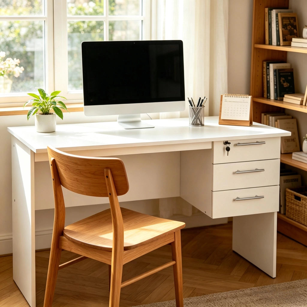 Scrivania dritta per computer con 3 cassetti e serratura, per ufficio e studio, in legno bianco, 120 × 59 × 75 cm