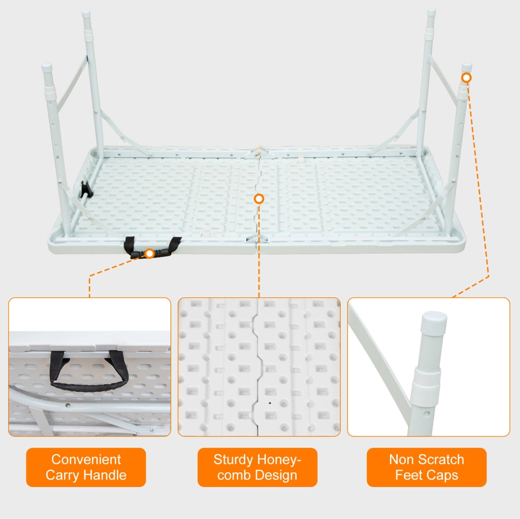 Tavolo Pieghevole Portatile 125 cm con Altezza Regolabile, Telaio in Acciaio, Capacità 135 kg, Bianco