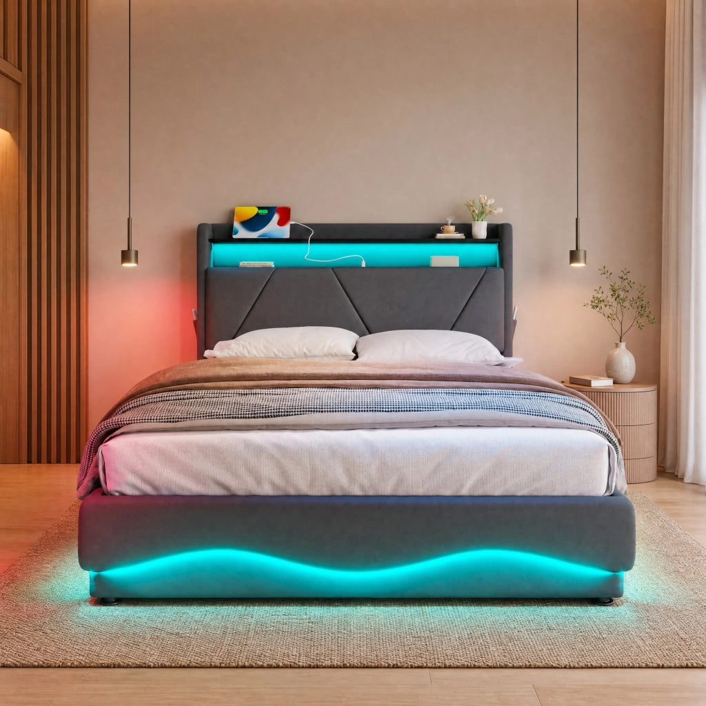 Letto contenitore 140 × 200 cm con testiera a ripiani e vano contenitore; velluto grigio scuro con LED e USB