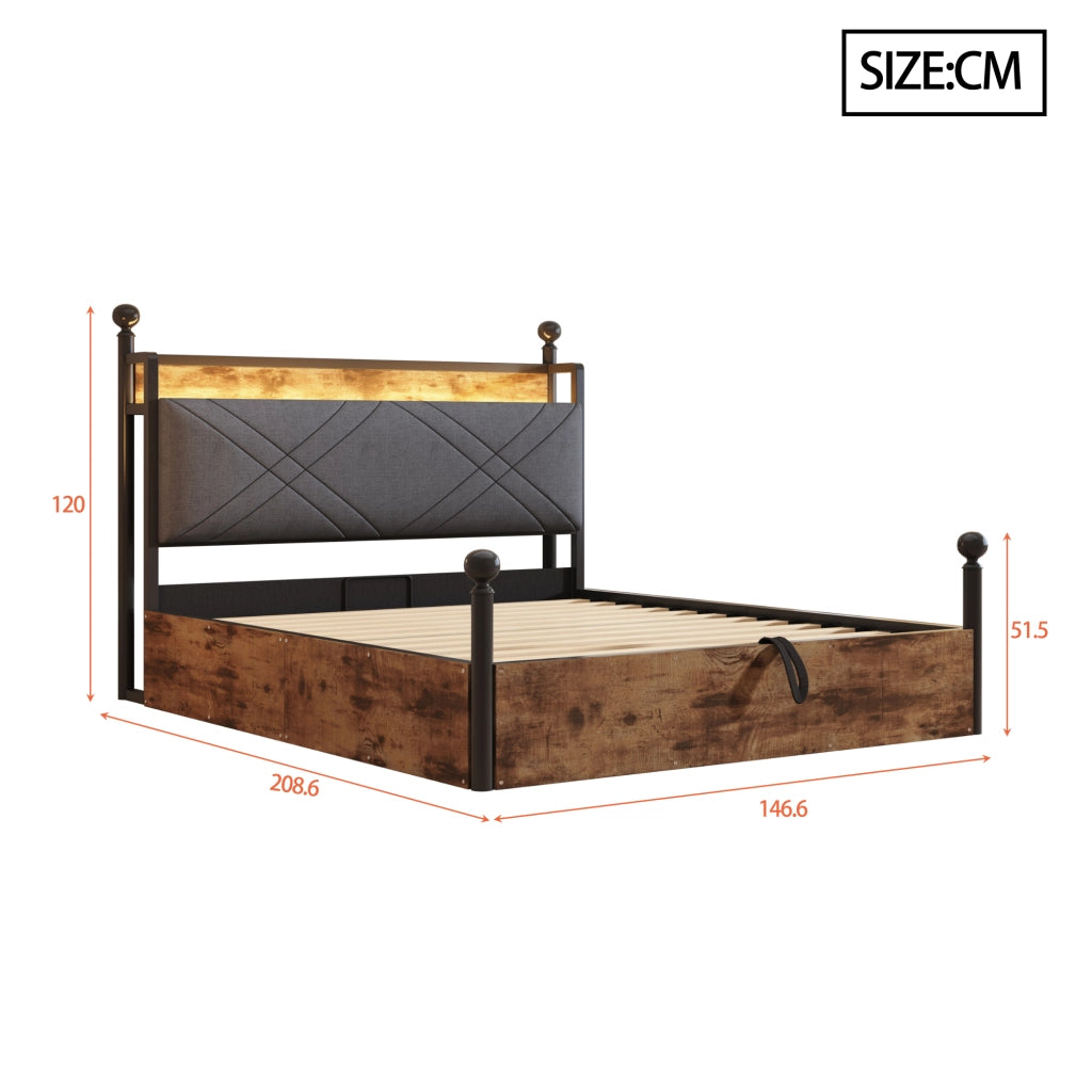 Letto matrimoniale 140 × 190 cm 2 posti; contenitore idraulico; LED regolabile e USB Type-C; senza materasso; nero