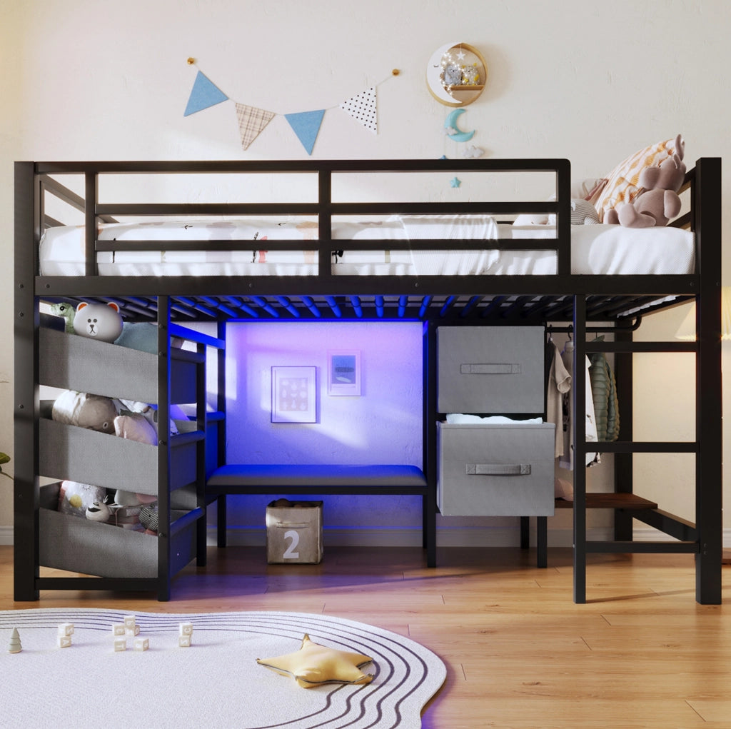 Letto a mezza altezza 90x200 cm con LED multicolore e contenitori in metallo nero