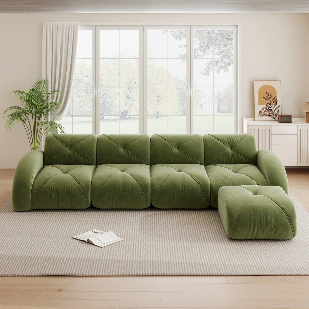 Divano angolare modulare a quattro posti in ciniglia con seduta senza struttura e poggiapiedi verde 358 × 171 × 76 cm