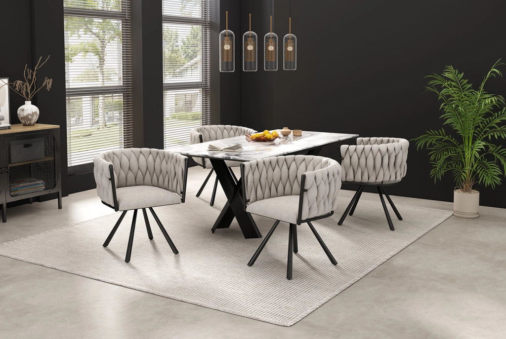Set di 2 Sedie da Pranzo Girevoli in Lino Beige con Struttura in Metallo