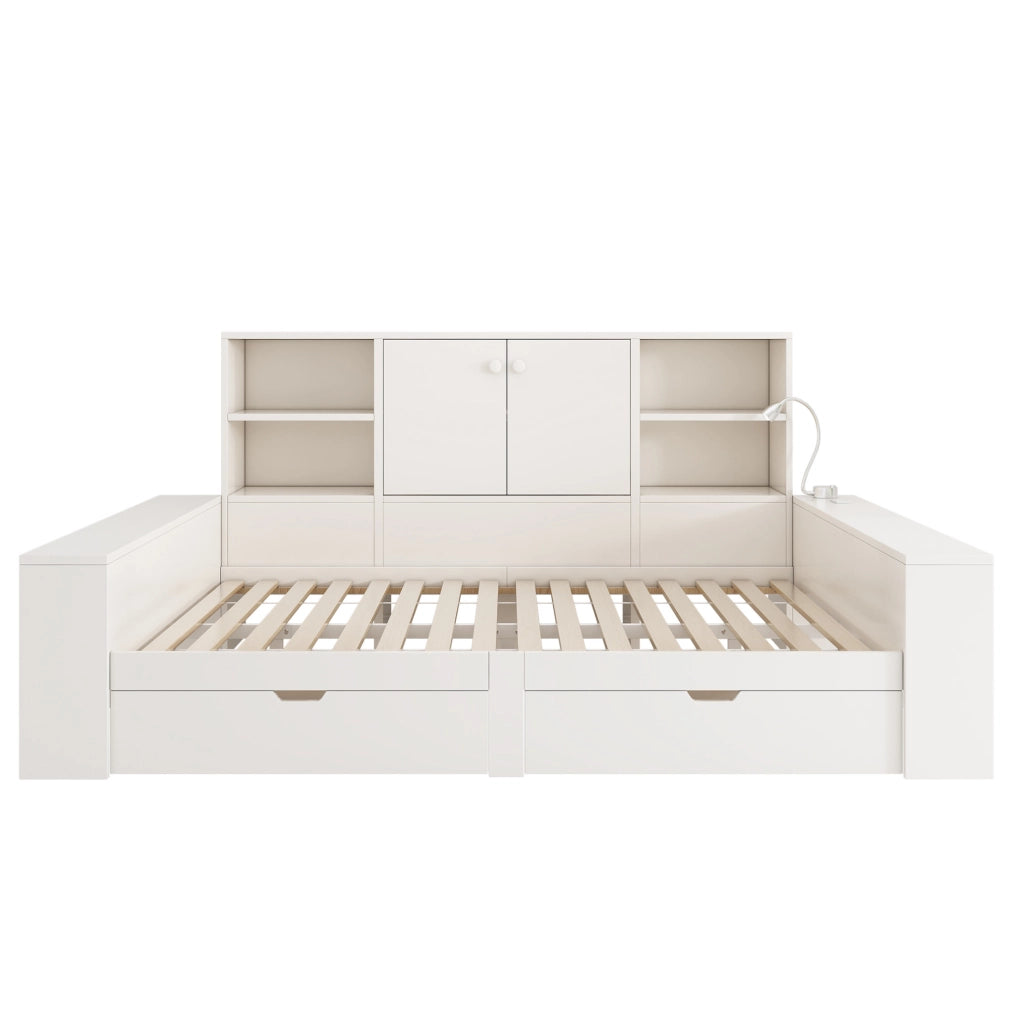 Letto matrimoniale 140x200 cm con cassetti; vano contenitore e prese USB/USB-C bianco HOMVRA