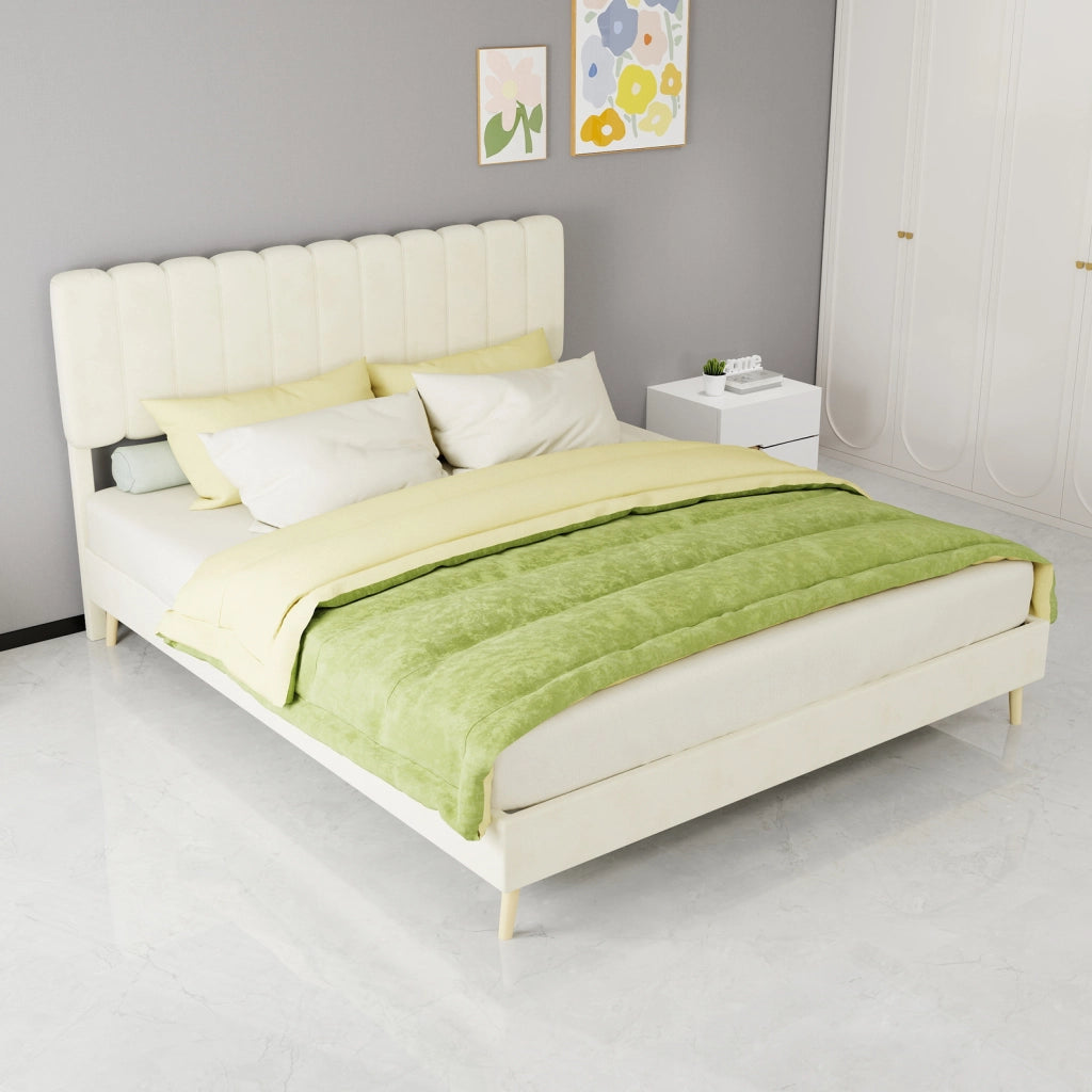 Letto imbottito moderno 160x200 cm beige con testiera morbida e base bassa senza contenitore, materasso incluso