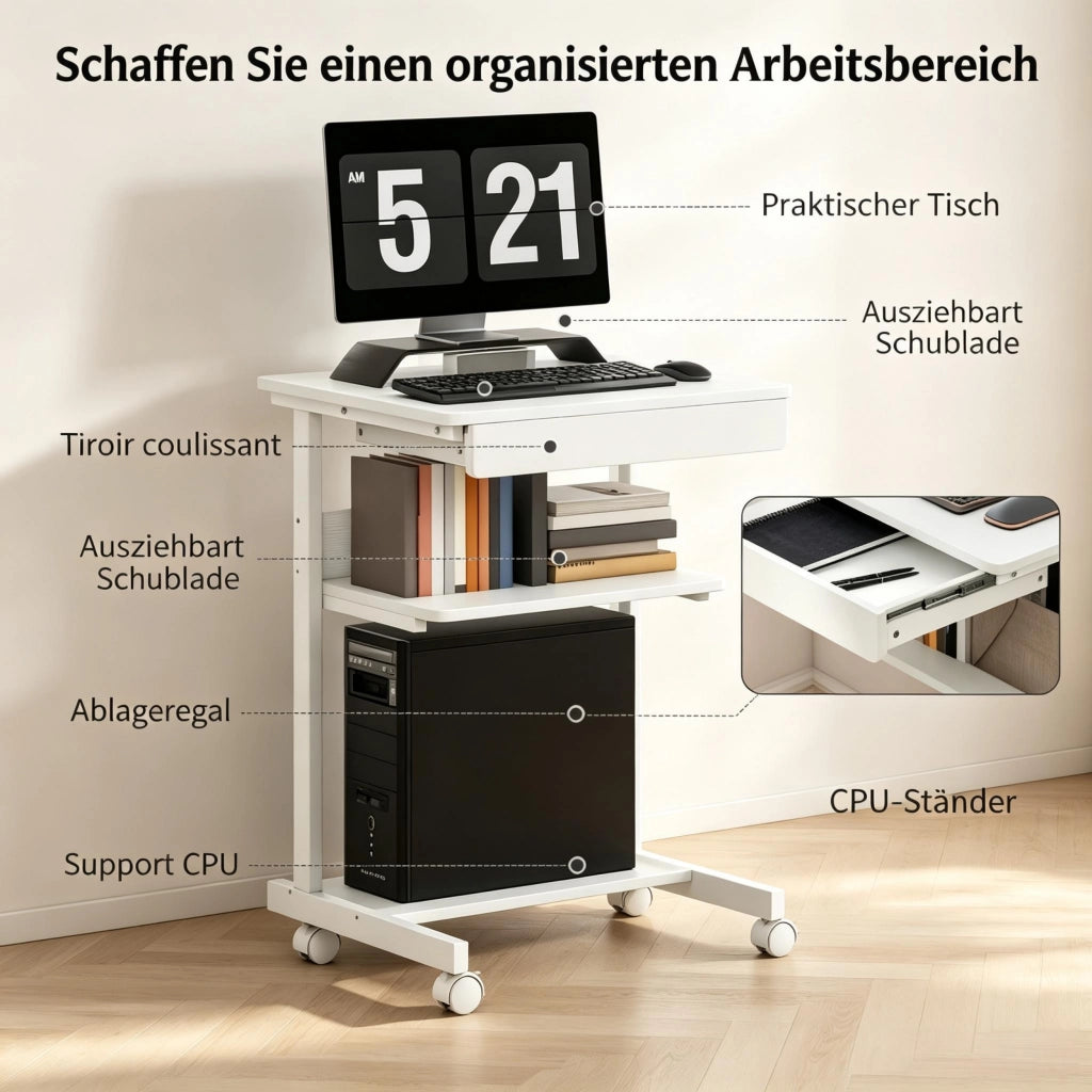 Scrivania per computer con ruote, scrivania 56 x 51 cm con stoccaggio, cassetto, scomparto e supporto CPU per ufficio e home office (solo scrivania per computer)