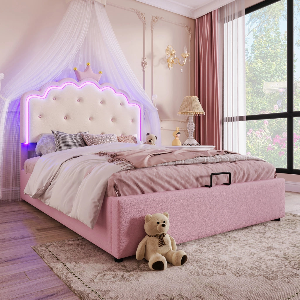 Letto Matrimoniale 140x200 cm; Letto con Contenitore; LED a Corona; in PU; Rosa