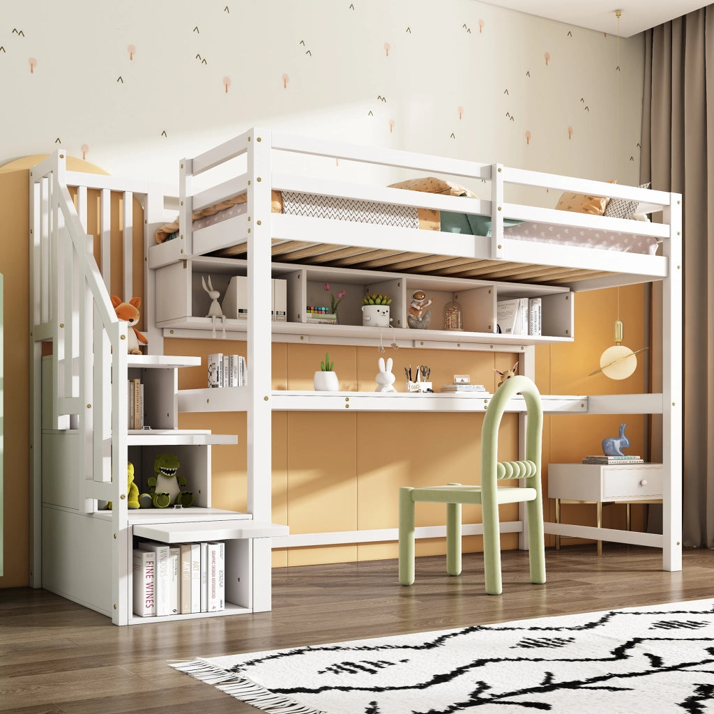Desviae Letto a Soppalco per Bambini 1 Posto con Scala Contenitore, Scrivania e Scaffale 90 × 200 cm senza materasso