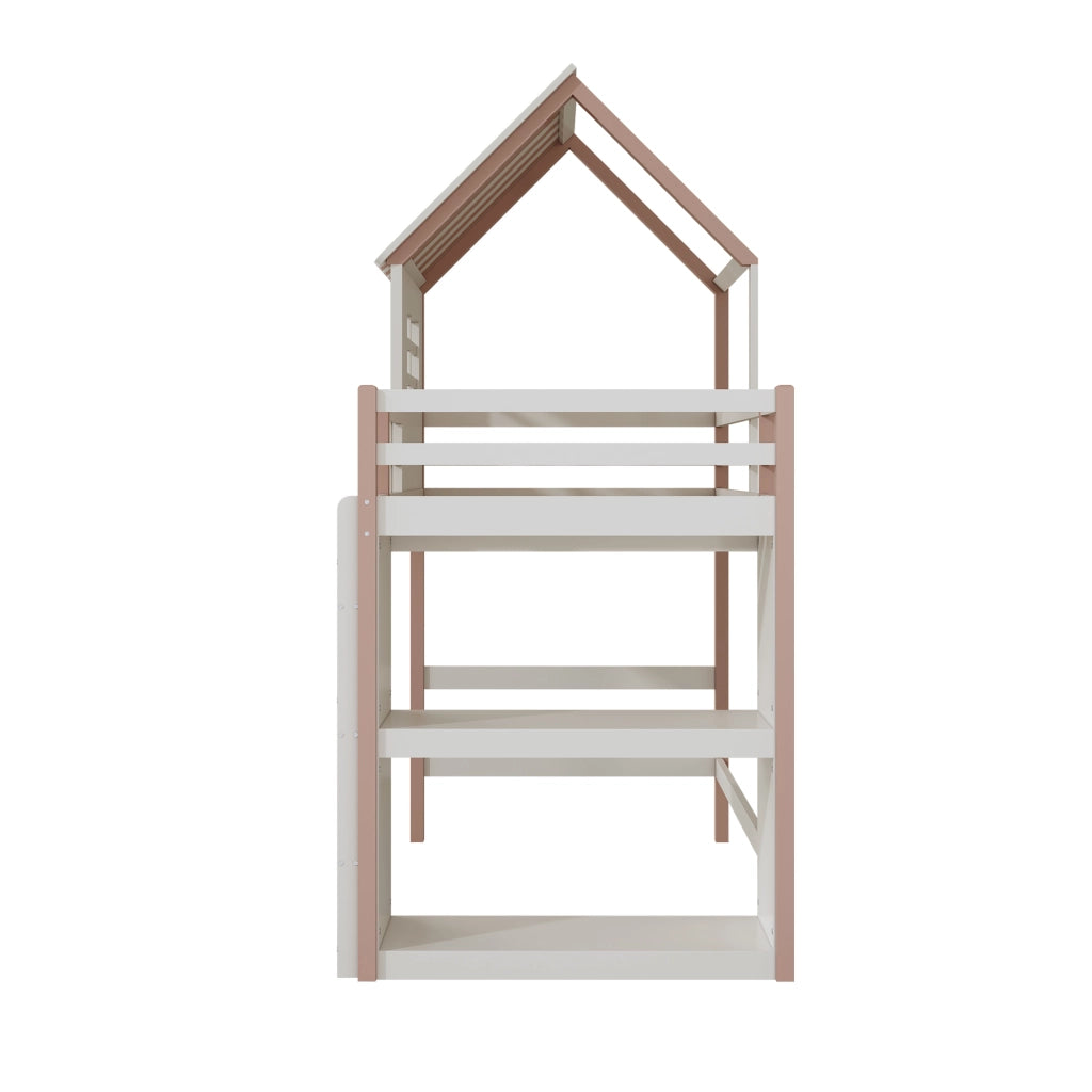 Letto a soppalco per bambini 90 × 200 cm con tetto scala di sicurezza rete a doghe in legno rosa