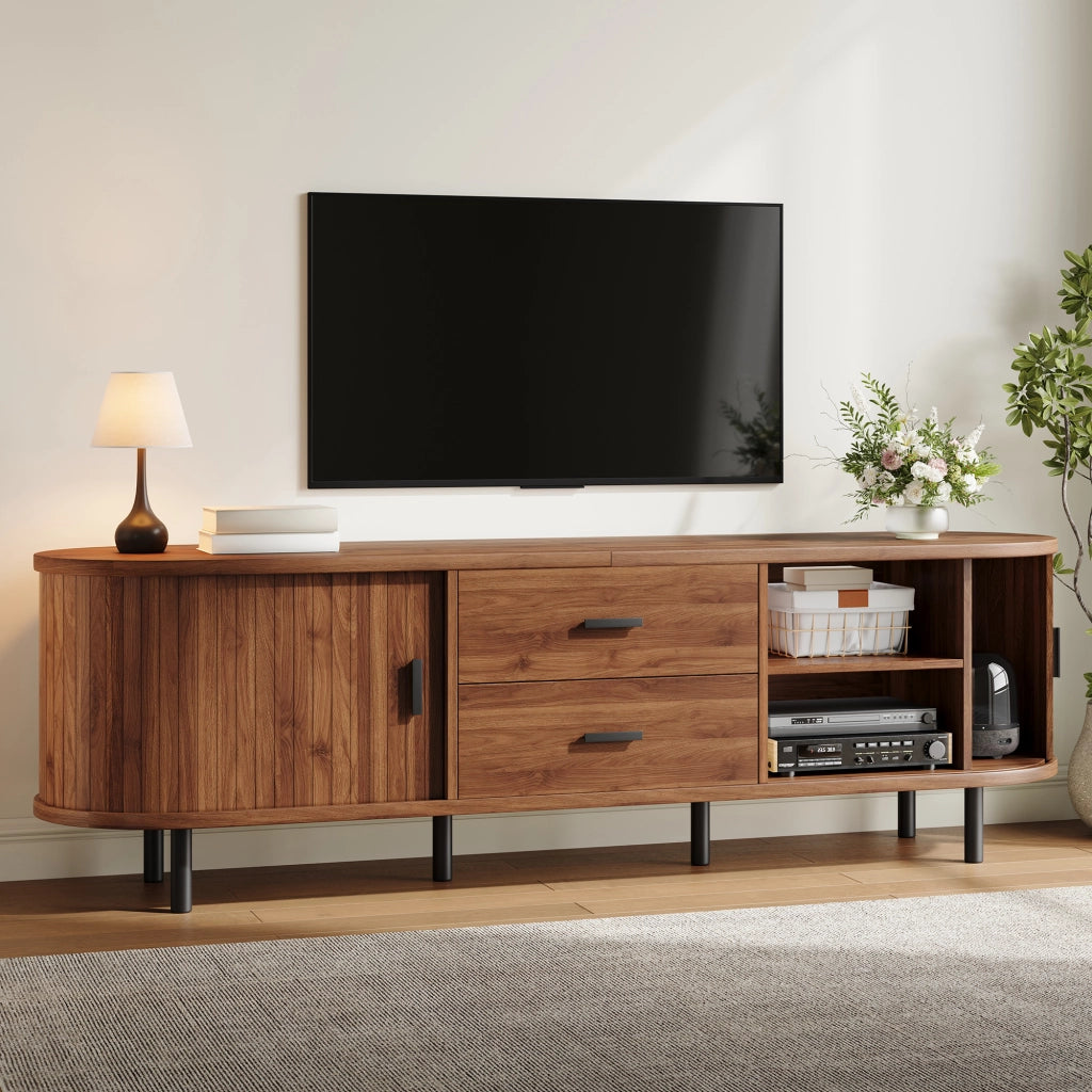 Mobile TV con ante scorrevoli; 2 cassetti e 5 piedi in metallo nero color noce 150 ¡Á 40 ¡Á 55 cm