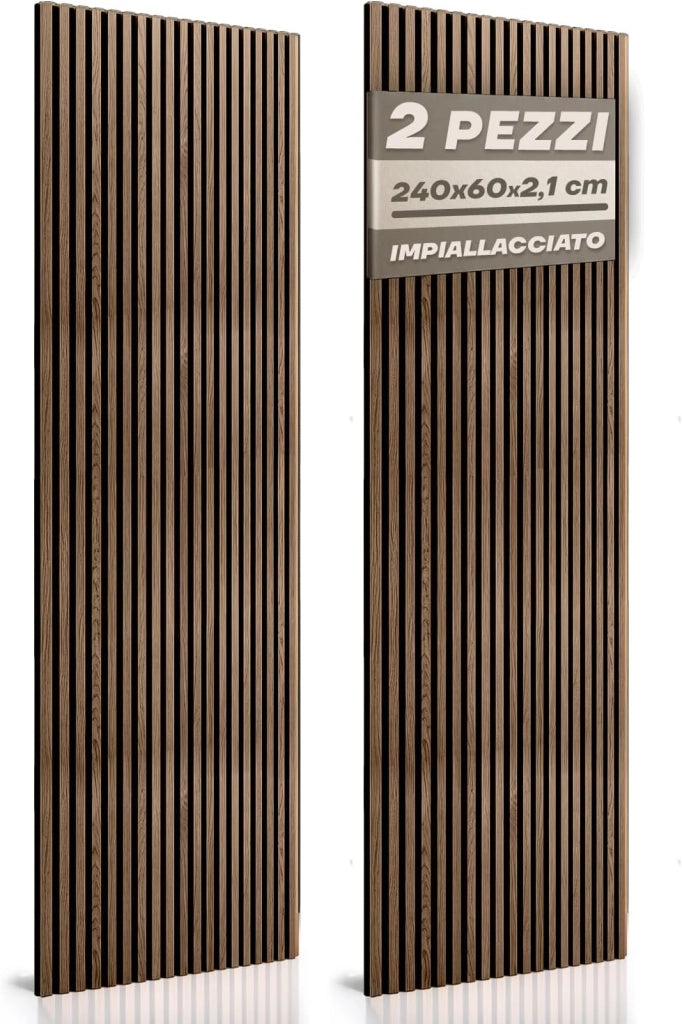 RMF PRO Set 2 Pannelli Decorativi Parete Legno Fonoassorbenti Fumo Chiaro 240x60 cm (2,88 m²) – Rivestimento Acustico a Listelli MDF per Soggiorno, Camera e Ufficio