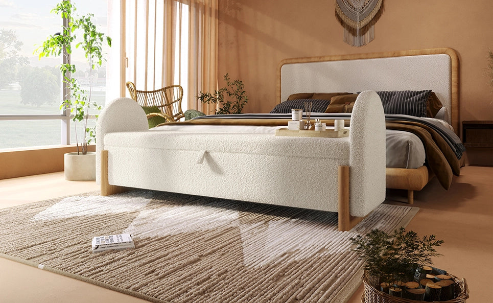 Panca con contenitore idraulico 146x47x61 cm in tessuto bouclé bianco con gambe a U in legno di gomma