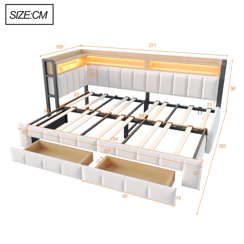 Divano letto 90x200 cm estraibile 180x200 cm con LED; USB e Type-C; cassetti; velluto beige