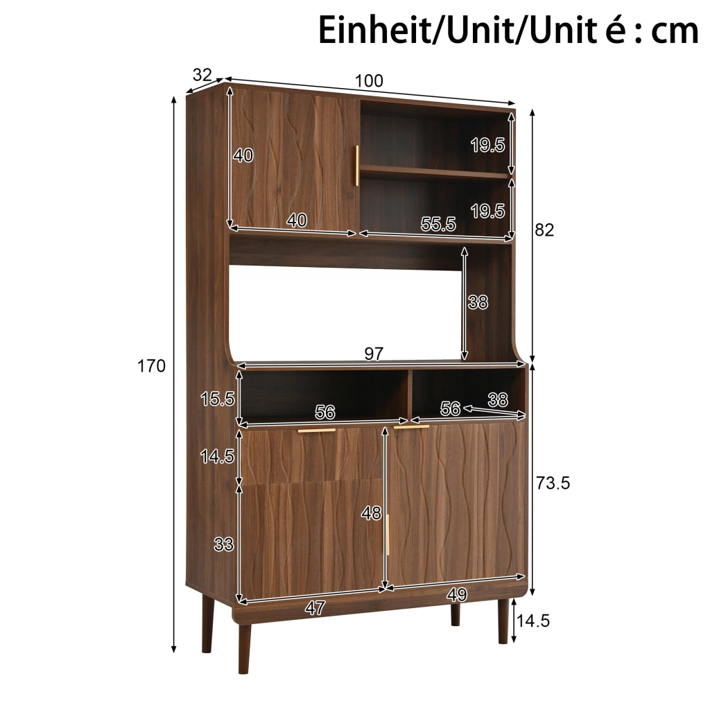 Sideboard alto con 1 cassetto, ante e ripiani aperti. Mobile contenitore in MDF e truciolato con piedi in legno massello