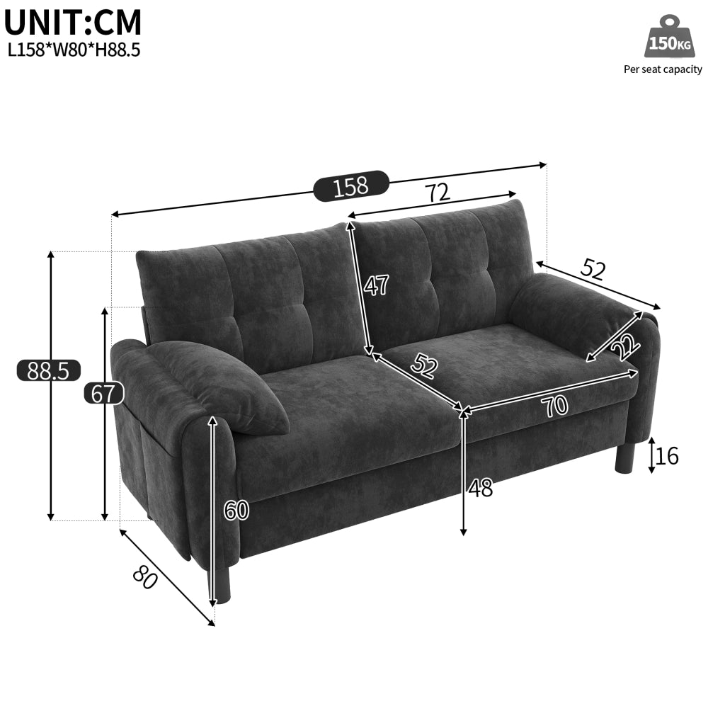 Divano 2 posti in chenille grigio 158 x 80 x 88;5 cm; con tasche laterali e cuscini