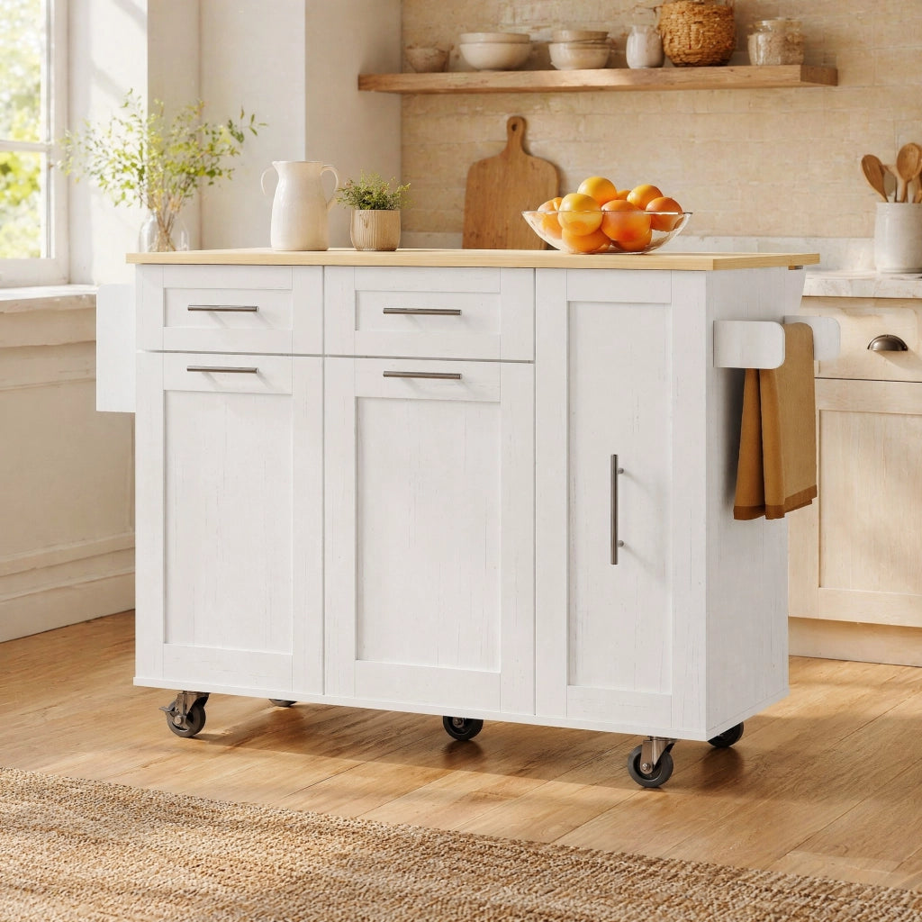 Isola cucina multifunzione bianca 110x46 cm con piano ribaltabile, ruote e ampio spazio interno