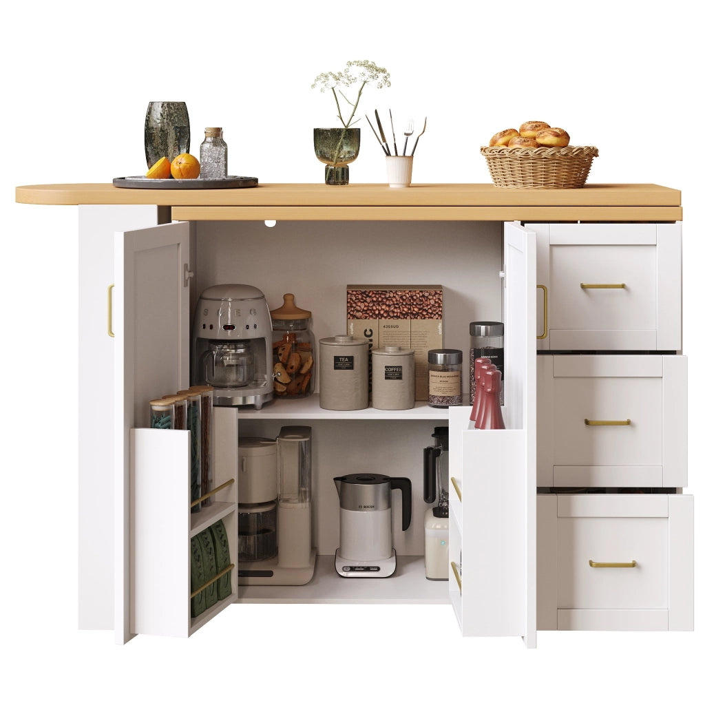Carrello da cucina allungabile con 2 ante, 3 cassetti e cestello laterale su ruote, MDF bianco, 135-228 × 39 × 104 cm