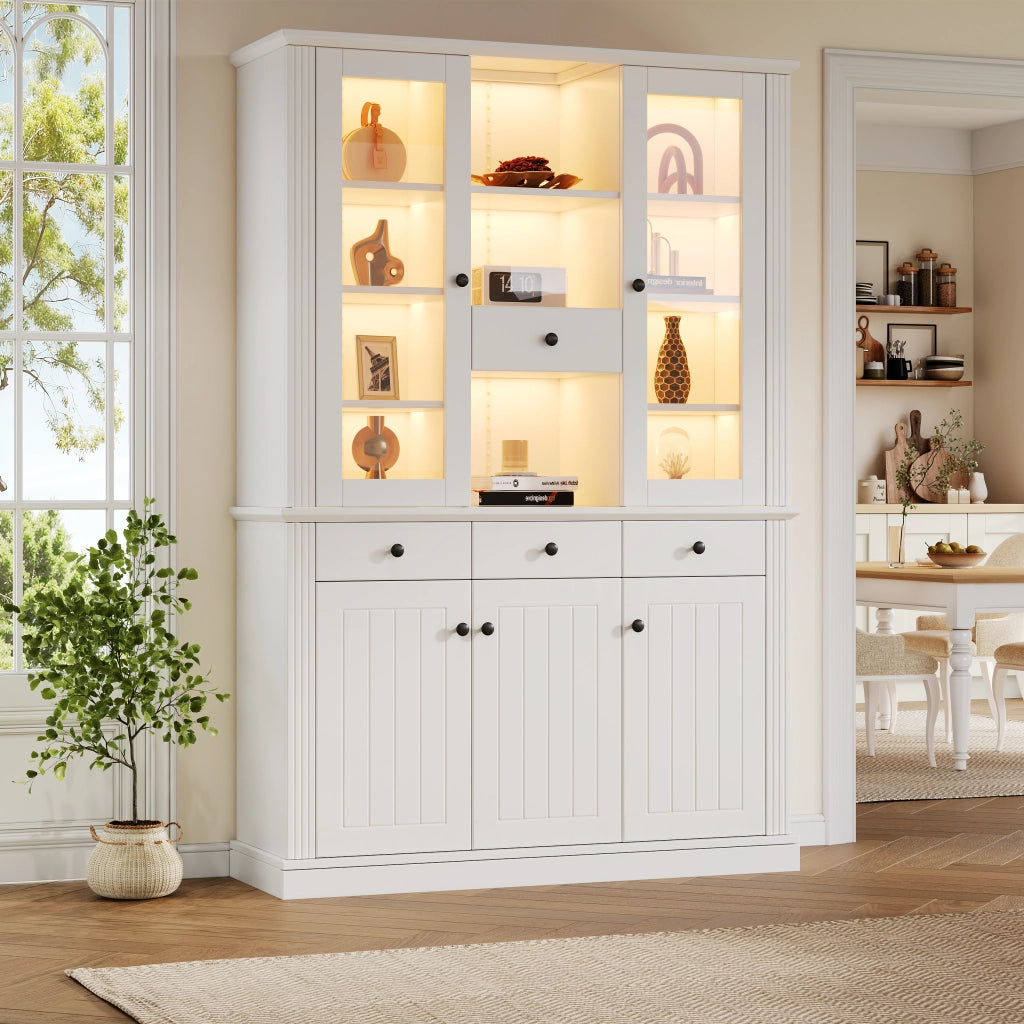 Vetrina con 5 ante; 4 cassetti e 21 vani con LED per soggiorno e sala da pranzo; in MDF bianco; 119.5×40×180 cm