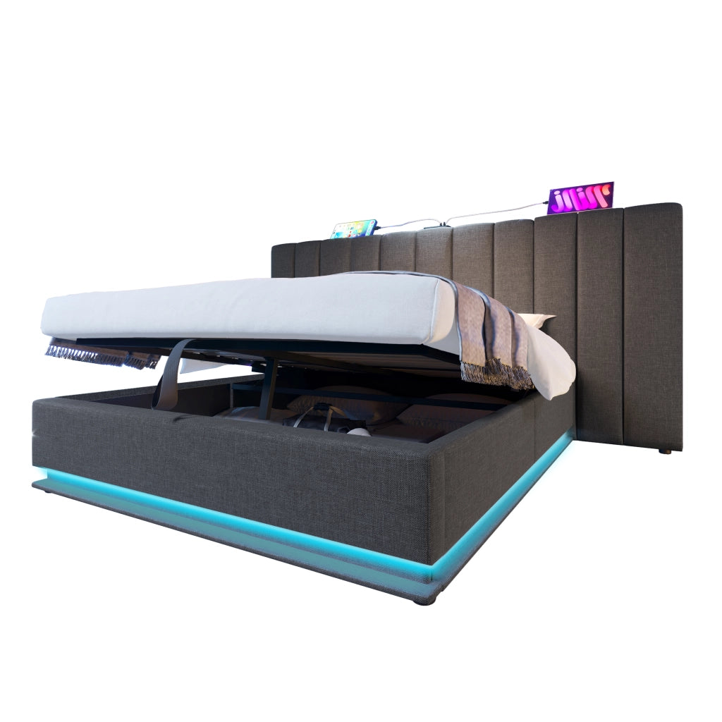 Letto doppio imbottito; 180x200cm; Controllo App LED USB C Storage Grigio; grigio