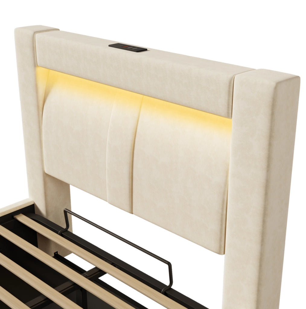 Letto singolo 90x200 contenitore velluto beige LED USB Type-C con materasso