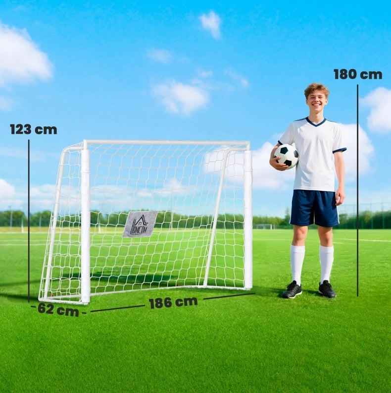 Porta da calcio ULEVR 186x62x123 cm per bambini, struttura in metallo con rete PE e 4 ancoraggi a terra, bianca