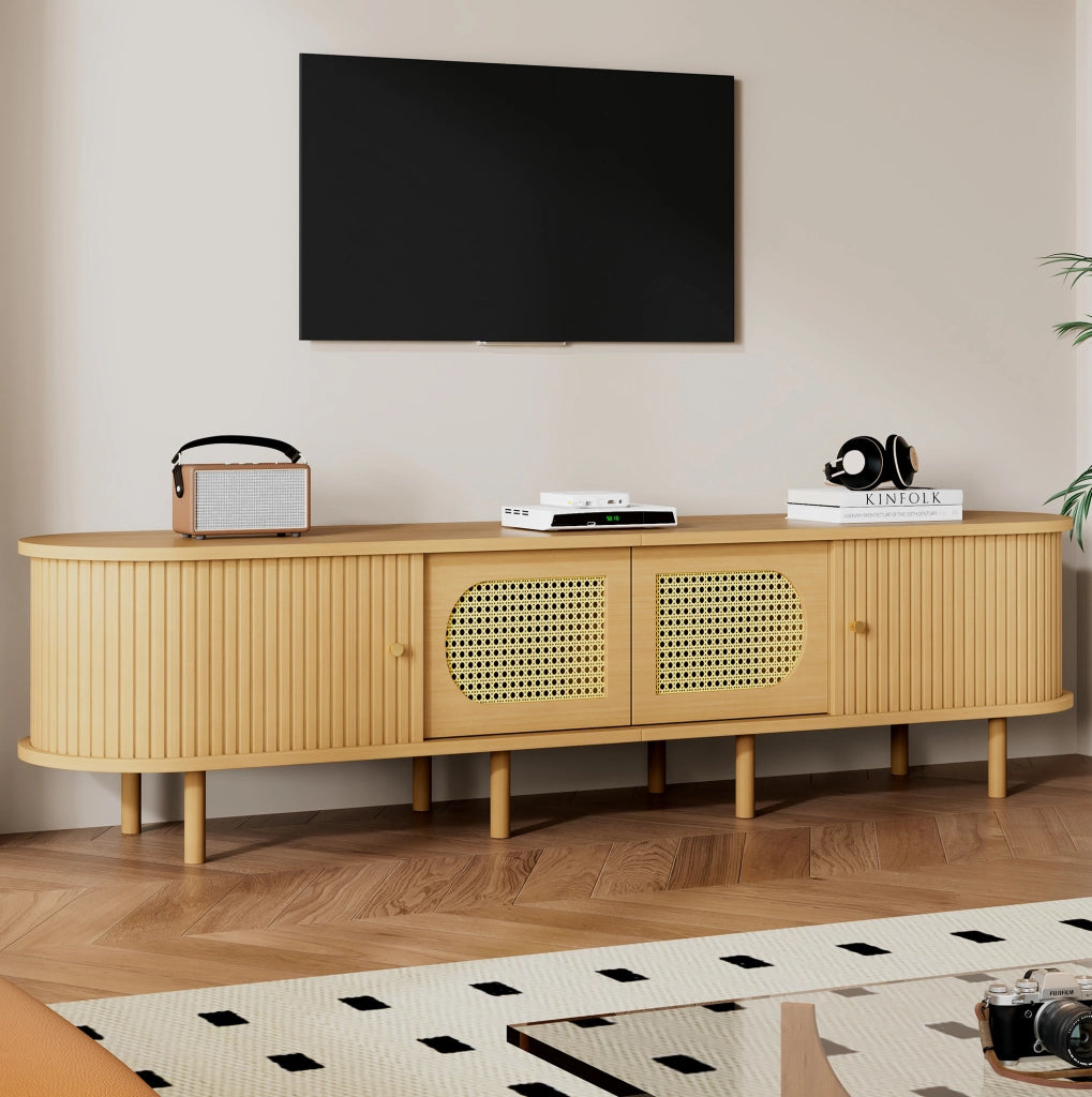 Mobile TV in MDF color legno chiaro 180 x 40 x 40 cm con ante in rattan; per TV fino a 75 pollici