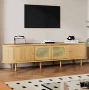 Mobile TV in MDF color legno chiaro 180 x 40 x 40 cm con ante in rattan; per TV fino a 75 pollici