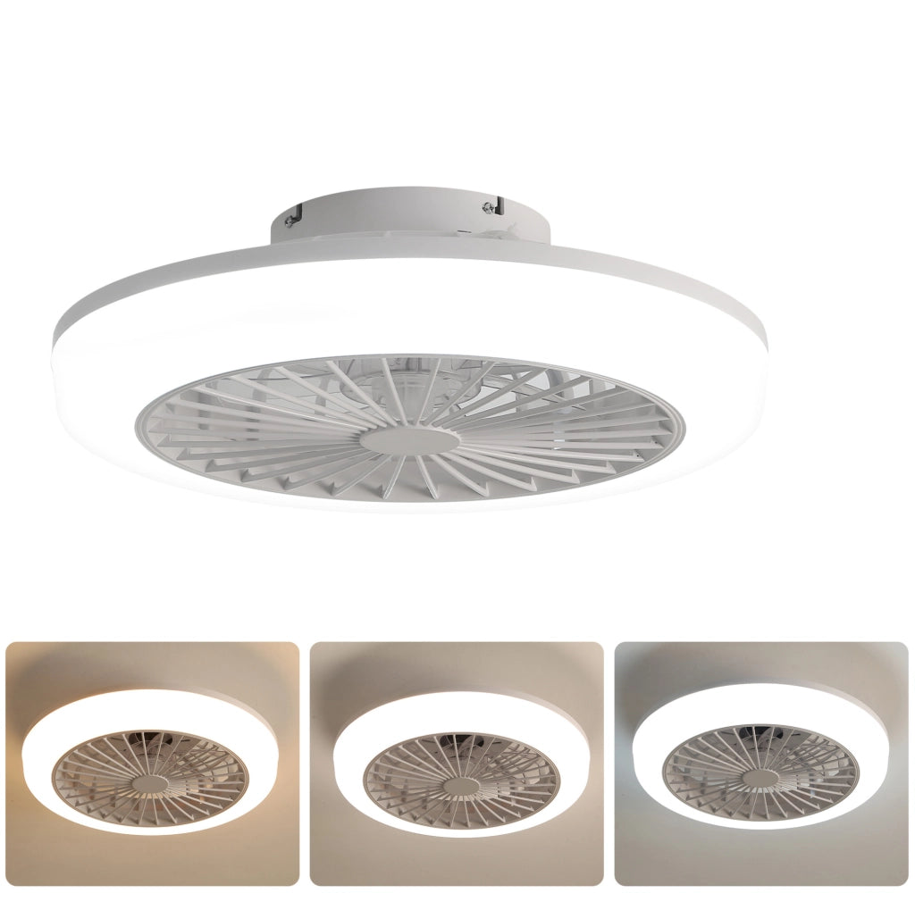 Ventilatore da soffitto 46 cm con luce LED dimmerabile, telecomando e motore DC silenzioso, design senza pale per camera, cucina e sala da pranzo