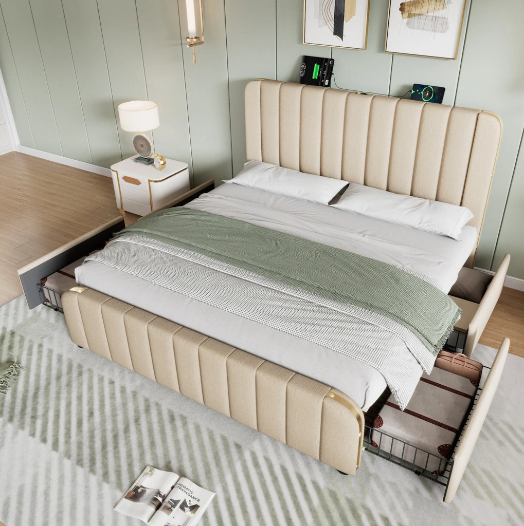 Letto matrimoniale beige 180x200 cm con 4 cassetti, USB e Type-C