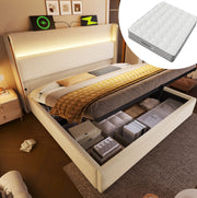 Letto matrimoniale beige 140 x 200 cm con contenitore, LED, ricarica e materasso H3