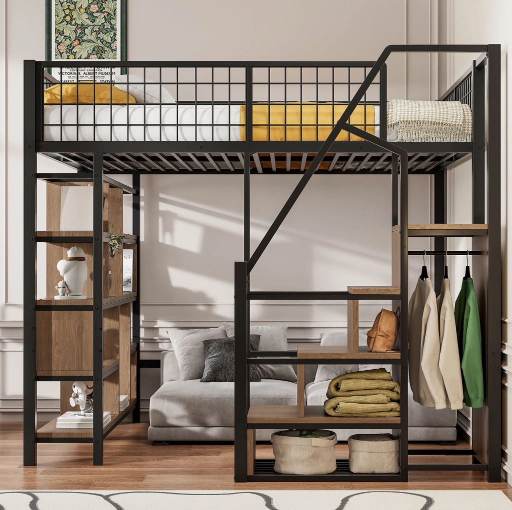 Letto a soppalco 140x200 cm con scala contenitore, in metallo, compensato e MDF nero