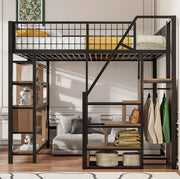 Letto a soppalco 140x200 cm con scala contenitore, in metallo, compensato e MDF nero