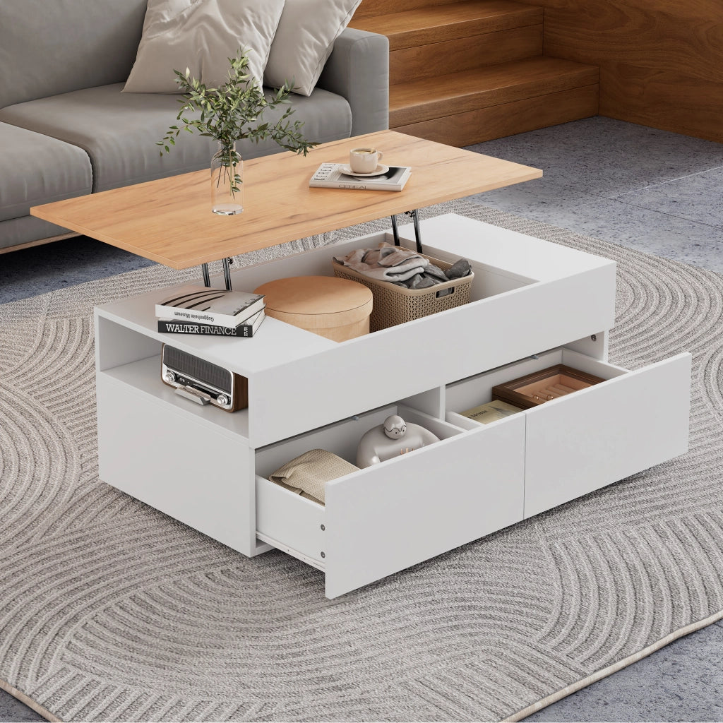 Tavolino da salotto con piano sollevabile 100x50 cm assemblabile bianco e legno