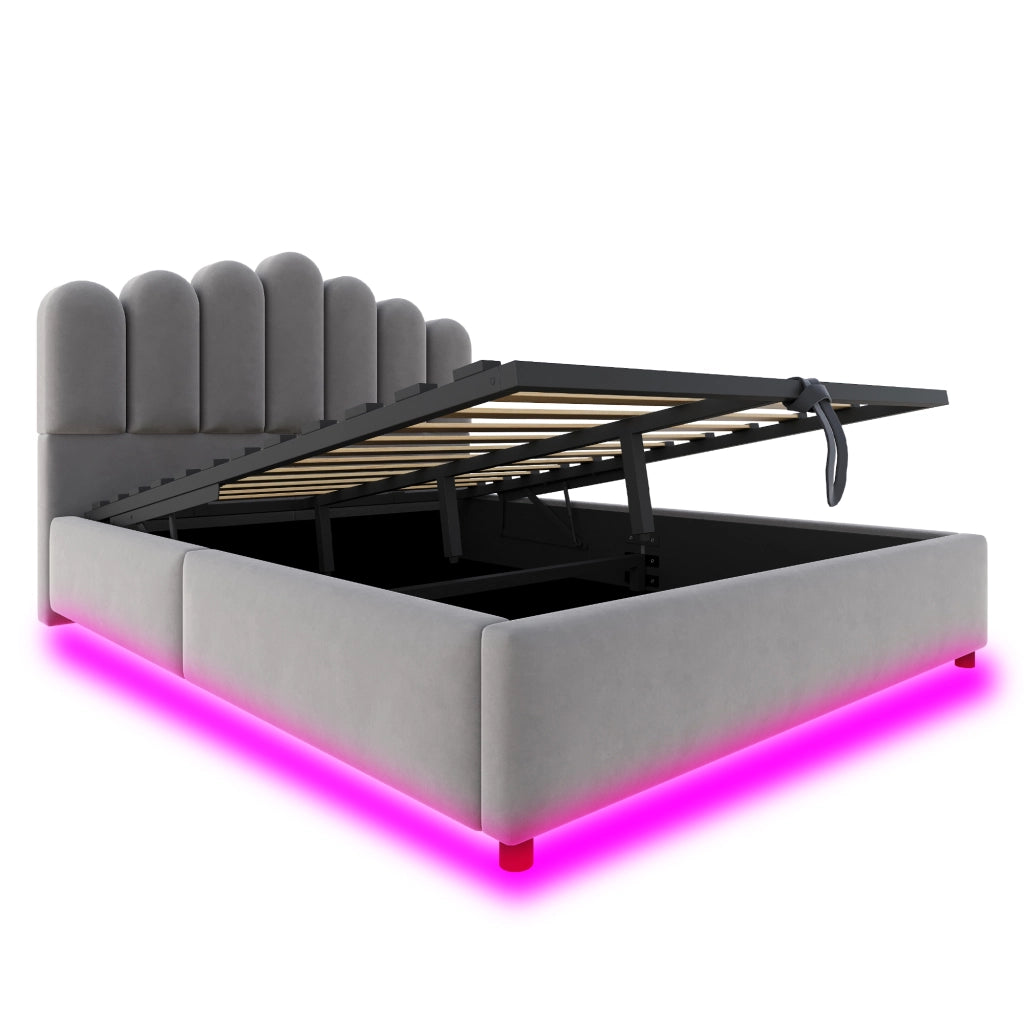 Letto Contenitore 140x200 cm Imbottito in Velluto Grigio con Testiera Morbida e Illuminazione LED