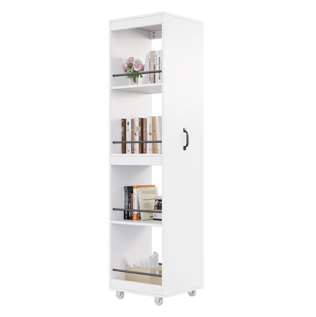 Libreria stretta 40x30x160;5 cm in MDF bianco con ruote e barre di protezione