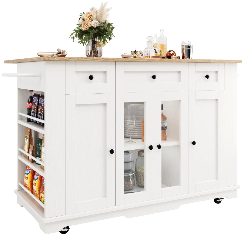 Isola Cucina con Ripiani e Vetro Temperato ¨C Xylo ¨C Bianco, Piano in Legno