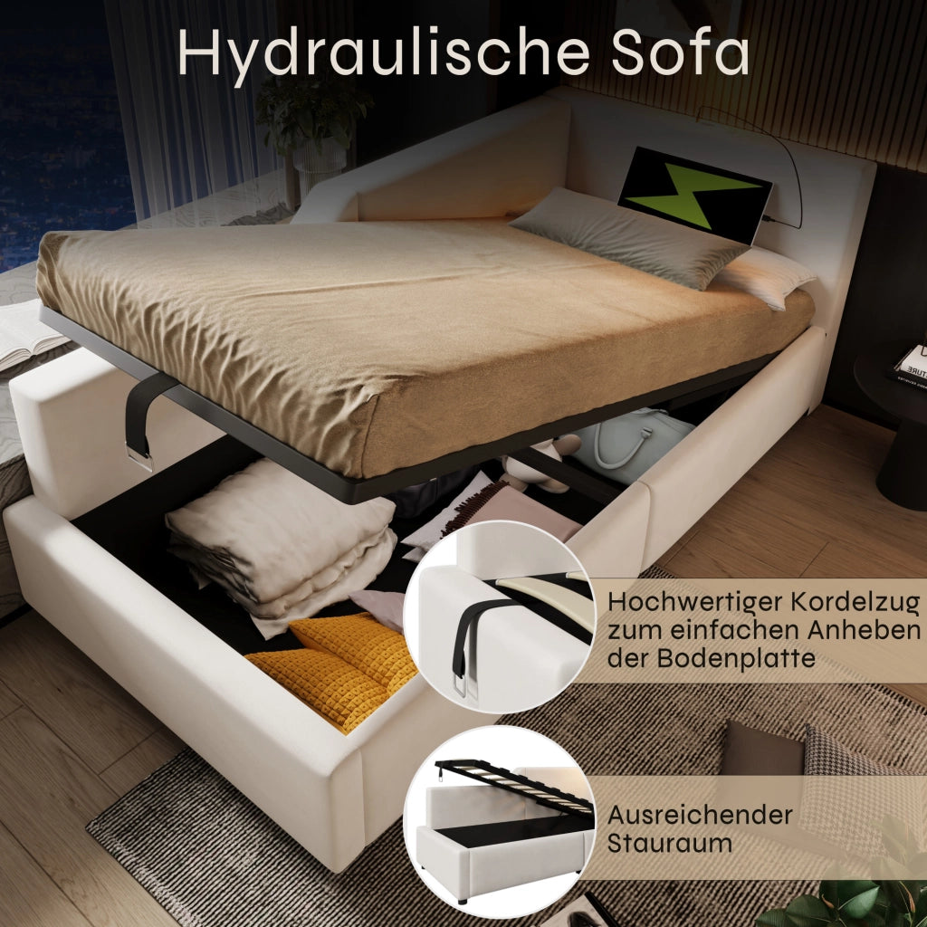 Letto singolo imbottito 90 × 200 cm con contenitore idraulico velluto beige luce da lettura e ricarica USB-C