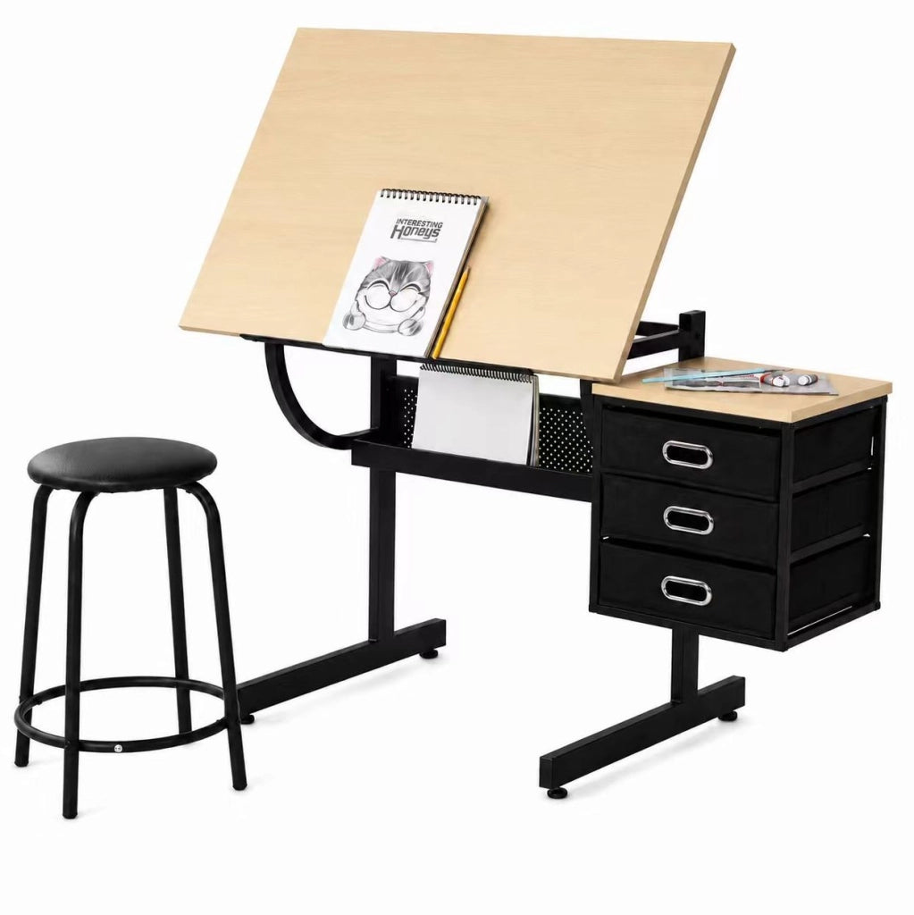 TAVOLO da Disegno Inclinabile 0-75° in MDF Acero con Sgabello e 3 Cassetti