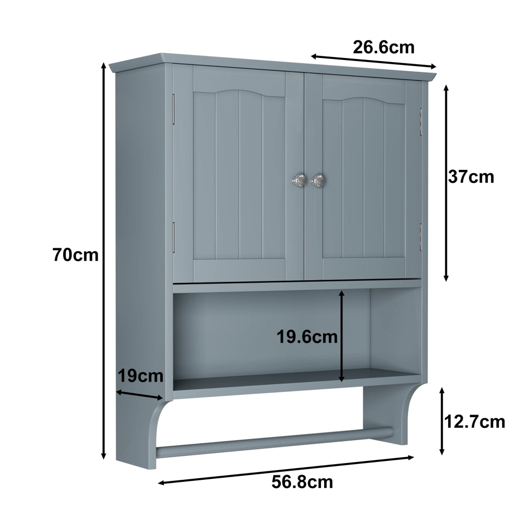 Mobiletto da bagno a muro in MDF grigio chiaro con 2 porte, ripiani aperti e porta asciugamani, 56,8x19x70 cm