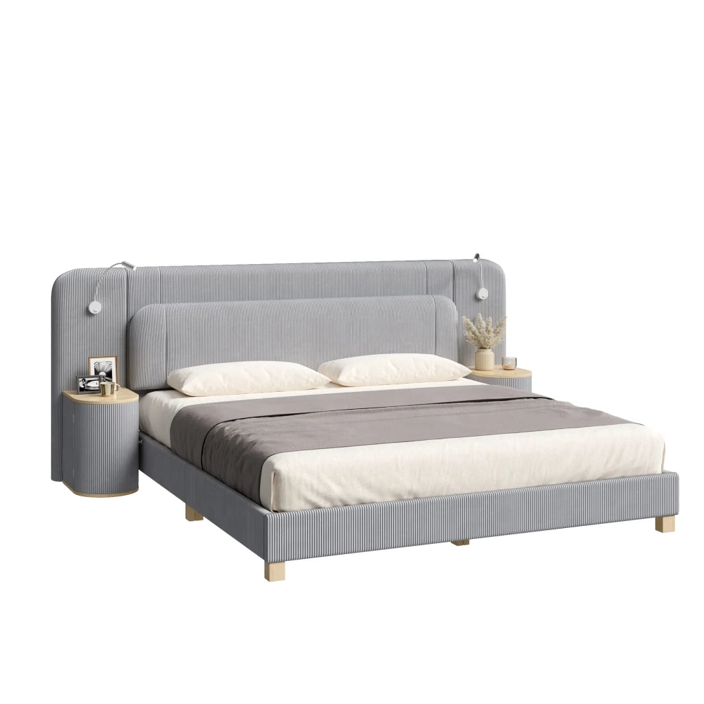 Letto 180x200 cm in velluto a coste grigio con comodino e lampada da notte