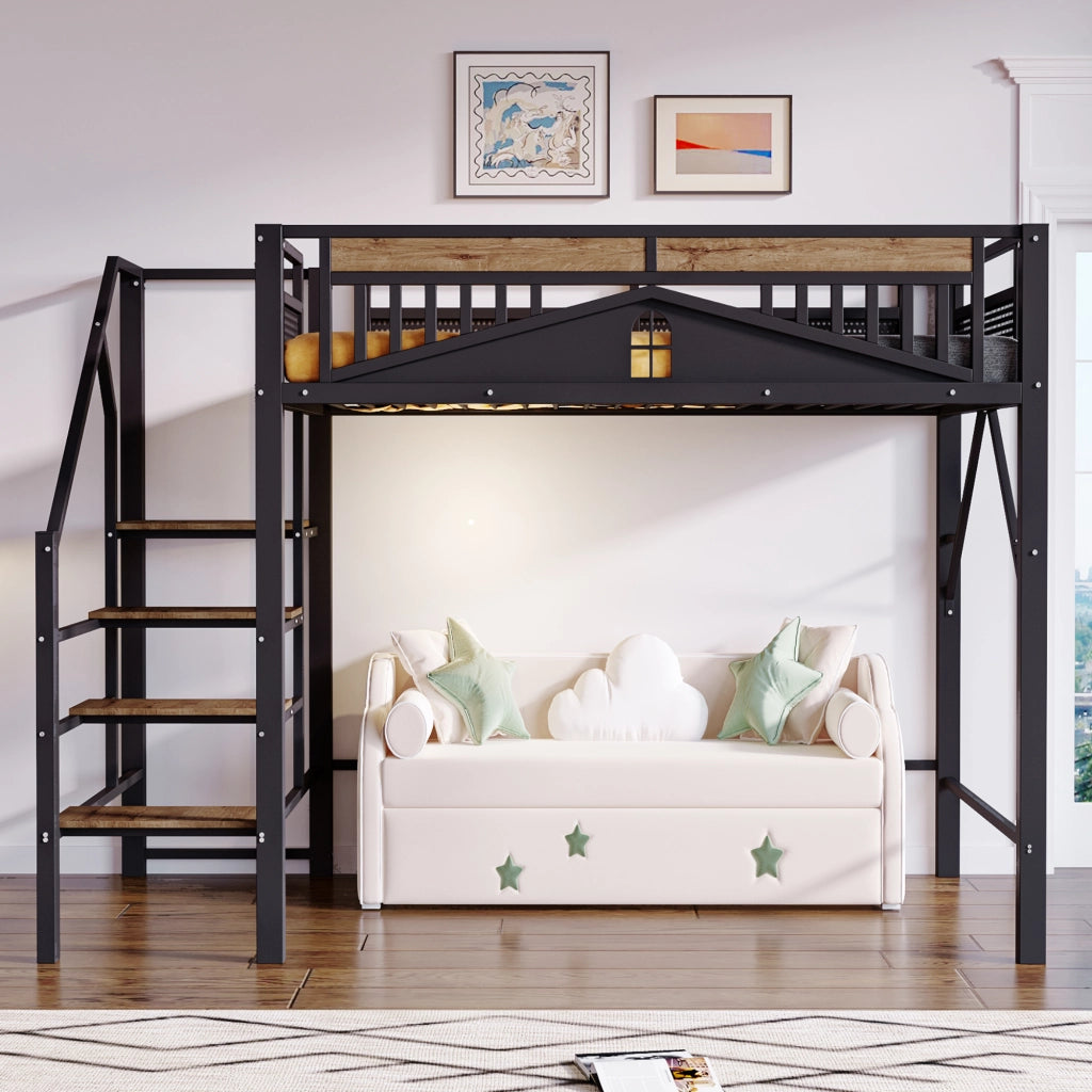 Letto a soppalco 140 × 200 cm con scala di sicurezza; gradini in legno e barriera a finestra in metallo nero