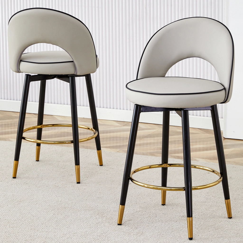 Sgabello da bar girevole a 360° in PU grigio e bianco con dettagli dorati e struttura in metallo set da 2