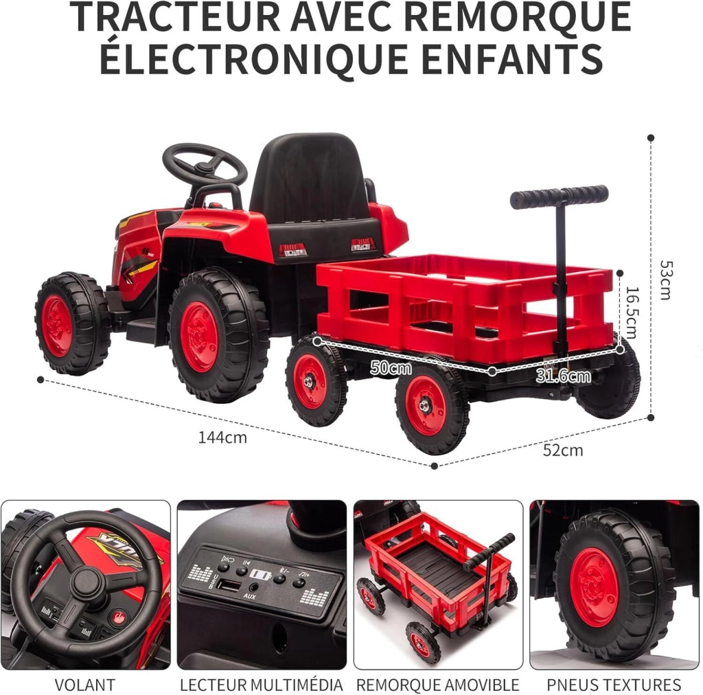 Trattore Elettrico per Bambini 12V con Ruspa e Rimorchio Rimovibile; 6 Ruote; Luci e Telecomando - Rosso