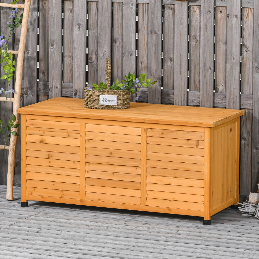 Baule da esterno in legno con coperchio apribile e rivestimento idrorepellente giallo 127 × 56 × 60 cm