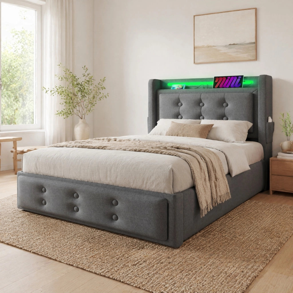 Letto singolo 90x200 cm con contenitore; testiera LED e prese di ricarica; grigio
