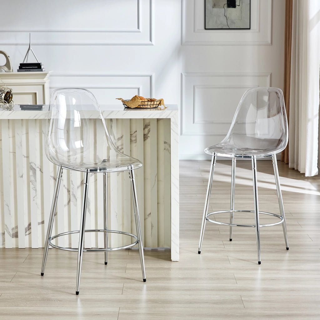 Sgabello da bar 2 pezzi con schienale ergonomico e poggiapiedi, in Metallo e Plastica, Argento e Trasparente