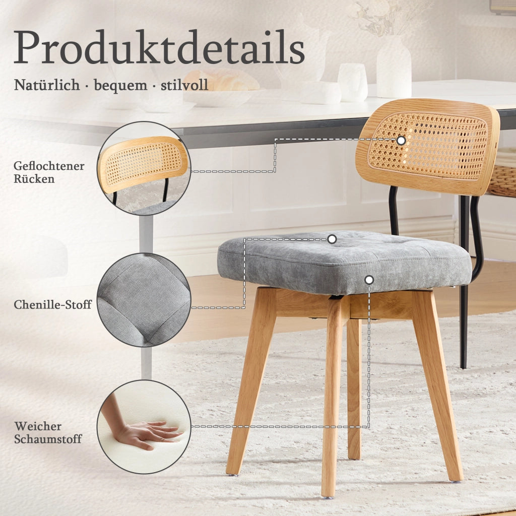 Desviae Set di 2 sedie da pranzo girevoli a 360° con schienale in rattan intrecciato e seduta in ciniglia grigia