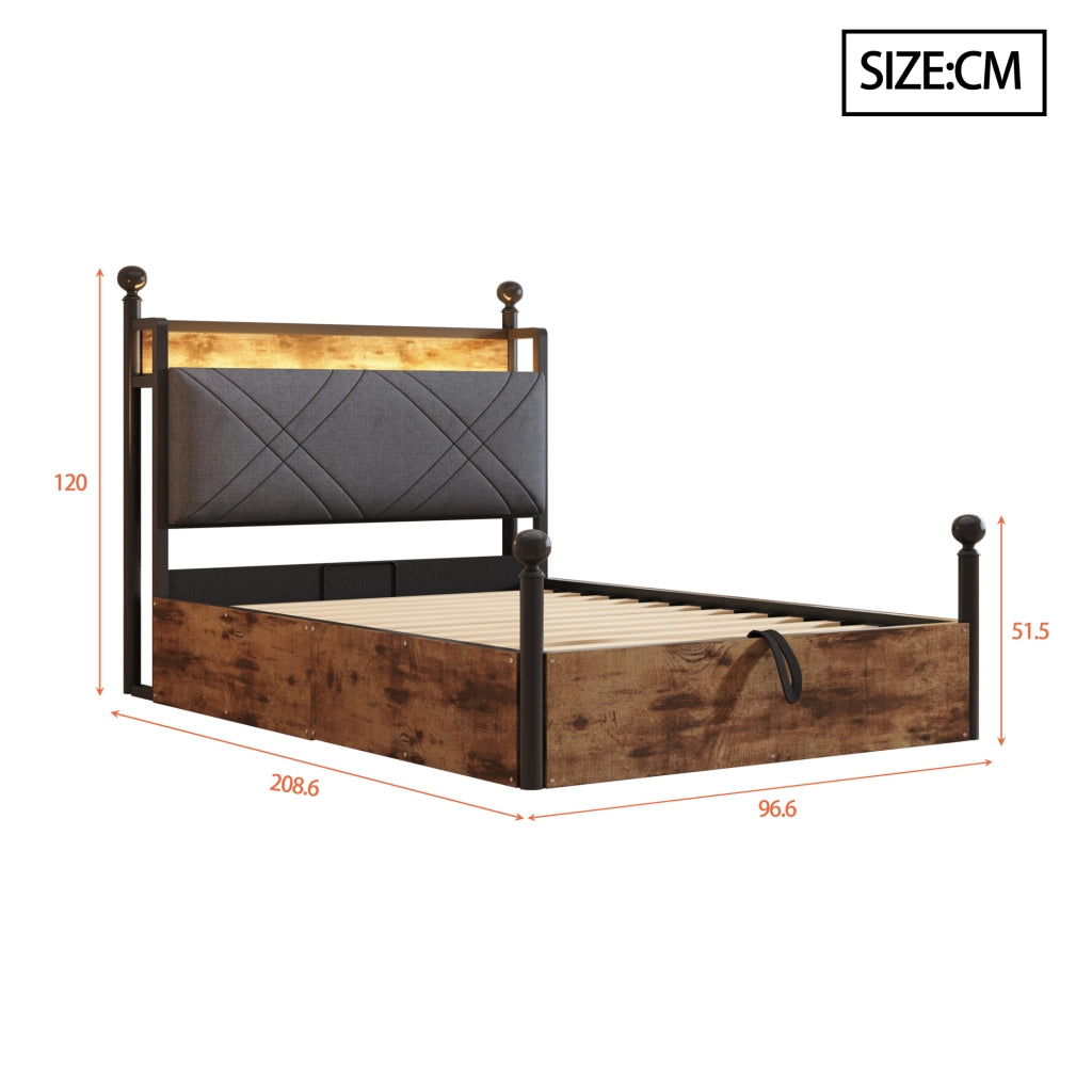 Letto con contenitore 90 × 190 cm con sollevamento idraulico; struttura in ferro; LED e porte USB Type-C nero
